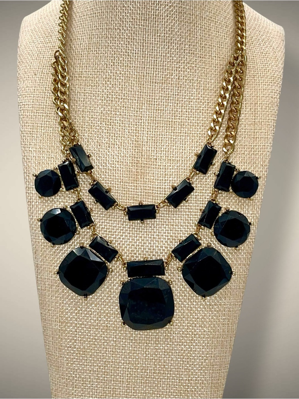 Fabulous Mika Black & Gold Faceted Faux Stone Double Strand Statement Necklace